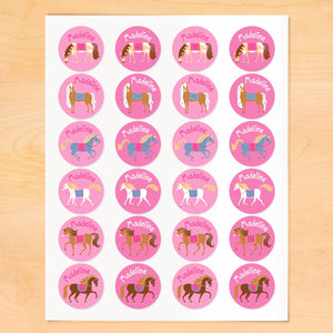 Horses Pink Personalized Round Waterproof Labels 24 CT