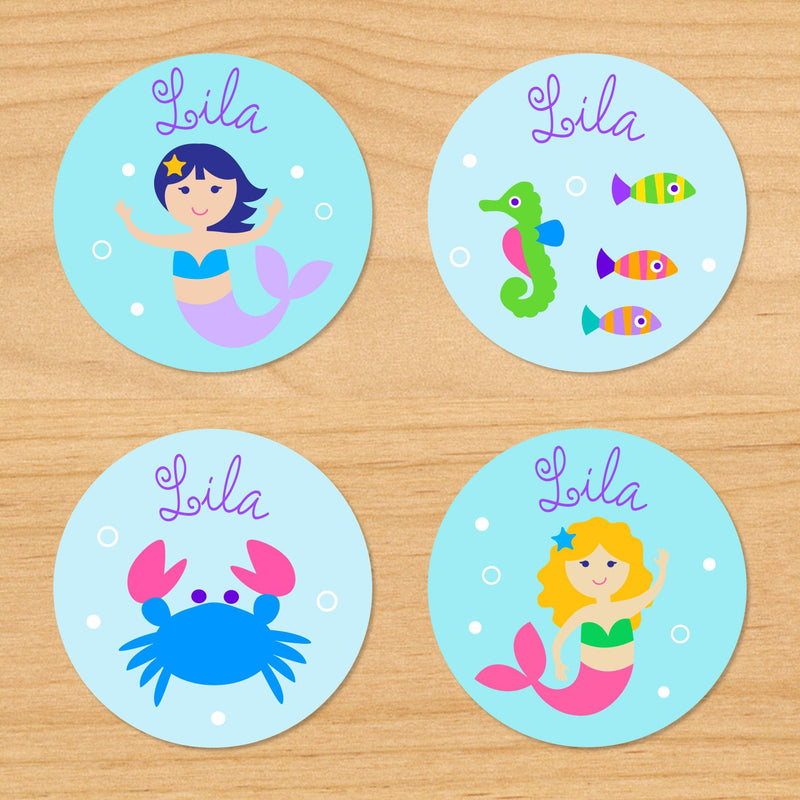Mermaids & Fish Personalized Round Waterproof Labels 24 CT ...