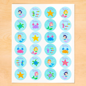 Mermaids & Fish Personalized Round Waterproof Labels 24 CT