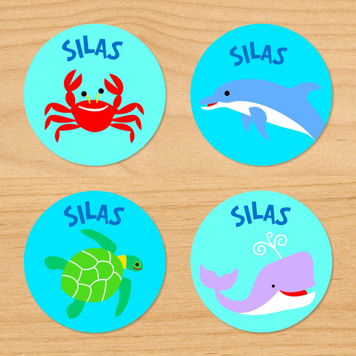 Ocean Fish Dolphin Whale Personalized Round Waterproof Labels 24 CT