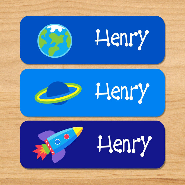 Outer Space Rockets Planets Personalized 33 CT Rectangle Waterproof Labels