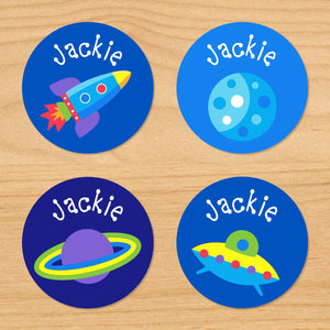 Outer Space Rockerts Planets UFOs Personalized Round Waterproof Labels 24 CT