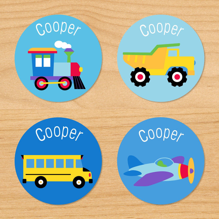 Trains, Planes, Trucks Personalized Round Waterproof Labels 24 CT