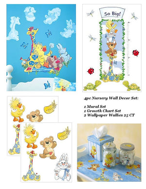 Little Suzy's Zoo 4pc Baby Nursery Wall Decals Décor Set - Mural / Growth Chart / 2 Wallies Duck Bear Bunny Giraffe Butterflies & Meadow Grass Clouds