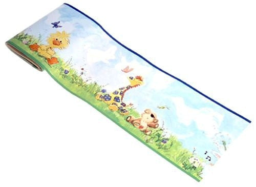 Vintage Little Suzy's Zoo Nursery Wallpaper Border - Meadow Grass Clouds Baby Animals Ducky Bear Bunny Rabbit & Giraffe Baby Toys Pre-Pasted
