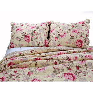 Victorian Yellow & Pink Red Rose Country Cottage Garden Bedding Full/Queen King Elegant Romantic Quilt Set Cotton Scalloped