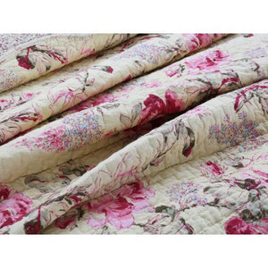 Victorian Yellow & Pink Red Rose Country Cottage Garden Bedding Full/Queen King Elegant Romantic Quilt Set Cotton Scalloped