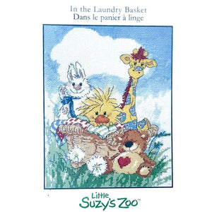 Little Suzy's Zoo Baby Animals In The Laundry Basket Counted Cross Stitch PDF Chart Pattern Instructions Witzy Ducky, Lulla White Bunny, Boof Bear, Patches Giraffe 8" x 10"