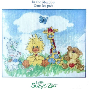 Little Suzy's Zoo Baby Animals In The Meadow Counted Cross Stitch PDF Chart Pattern Instructions Witzy Ducky, Lulla White Bunny, Boof Bear, Patches Giraffe 8" x 10"