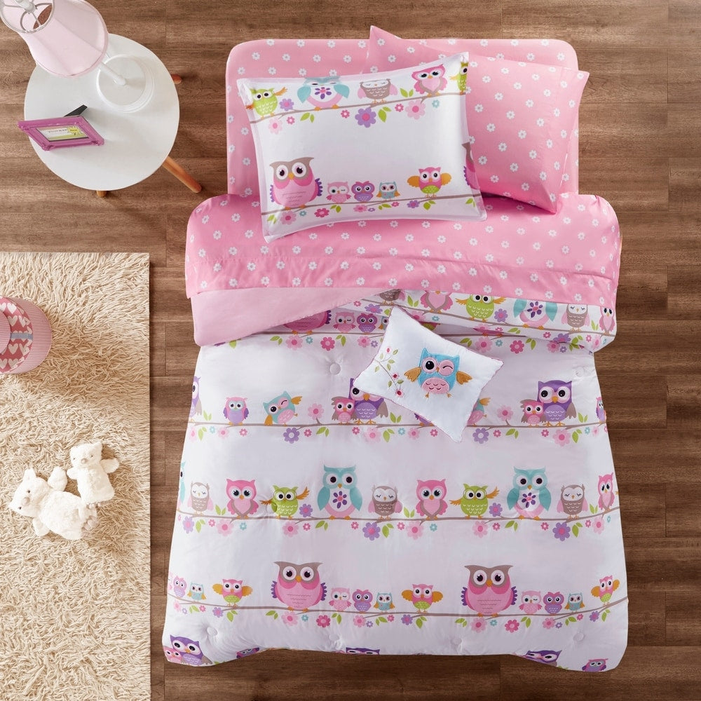 White Pink Owl Floral Bedding Little Girls Queen Comforter Bed in a Bag Set