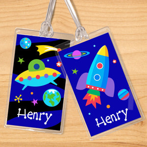 Outer Space Rockets Planets UFO Personalized 2 PC Kids Name Tag Set