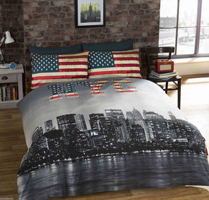 USA American Flag / NYC New York Skyline Duvet Cover Bedding Twin Full or Queen Patriotic Comforter Cover Set Reversible