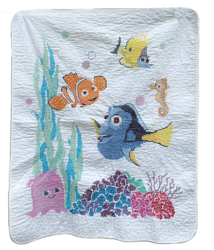New Finished Completed Disney Pixar Finding Nemo & Friends Baby Nursery Cross Stitched Crib Quilt Blanket Keepsake Throw 34" x 43"