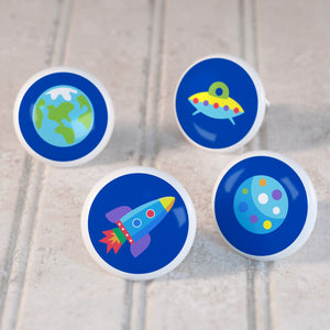Kids Outer Space Planets Rocket 4pc Ceramic Drawer Knobs Set 1 1/2"