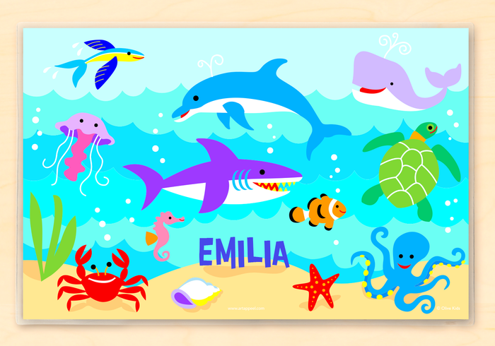 Ocean Fish Dolphin Shark Kids Personalized Placemat 18" x 12" with Alphabet