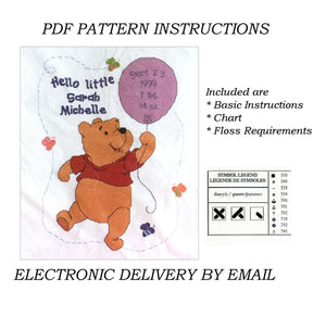 Disney Winnie The Pooh with Balloon Hello Little One Counted Cross Stitch Kit or PDF Pattern Chart Instructions Keepsake Baby Birth Announcement Record Sampler 11" x 14" 1132-50