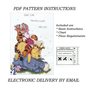 Walt Disney Winnie The Pooh Bear Snoozy Day Counted Cross Stitch Birth Announcement Kit or PDF Pattern Chart Keepsake Baby Gift Record Sampler 10" x 16" 1136-41