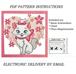 Walt Disney Marie White Kitty Cat Counted Cross Stitch PDF Pattern Chart Instructions 8" x 8" Aristocats Movie Love Heart Valentine Gift