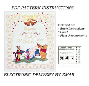 Rare Disney Winnie The Pooh Wedding Sampler Announcement Piglet Eeyore Tigger Counted Cross Stitch Kit or PDF Pattern Instruction Chart 15" x 17" Keepsake Debbie Minton Designer Stitches H28 / Janlynn 1133-63