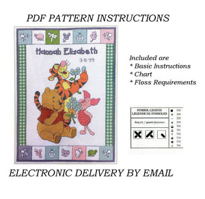 Walt Disney Winnie The Pooh Bear 'Welcome Baby' Counted Cross Stitch Kit or PDF Chart Pattern Keepsake Baby Birth Announcement Record Sampler 11" x 14" Friends Tigger Piglet  with Flowers 1132-23 Vintage
