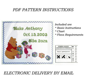 Disney Winnie The Pooh Block Party Counted Cross Stitch Kit or PDF Pattern Instructions Keepsake Baby Birth Announcement Record Sampler 15" x 13" 1132-80