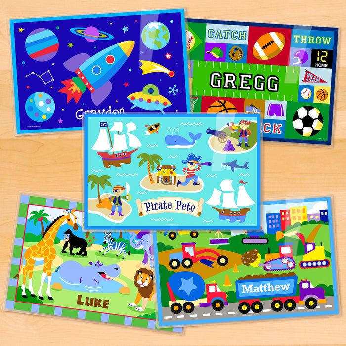 Boys Personalized Placemat Set of FIVE 18" x 12" - Pirates Rocket Sports Animals Construction