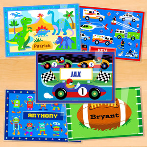 Boys Personalized Placemat Set of FIVE 18" x 12" - Dinosaurs Heroes Robots Race Car Football