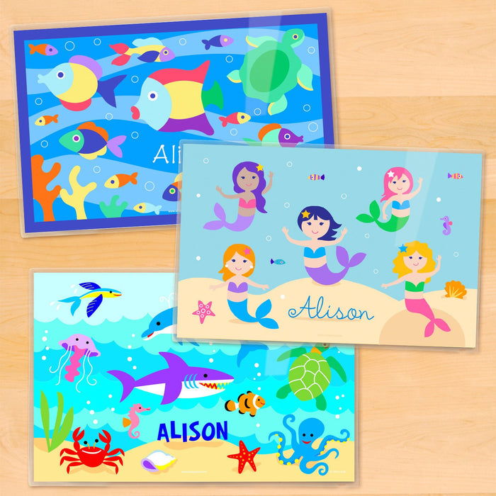 Sea Girl Kids Personalized Placemat Set of THREE 18" x 12" - Ocean Fish Dolphin Shark Mermaids
