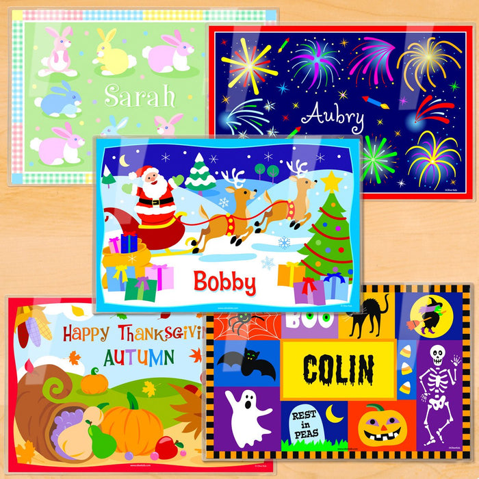 Holidays Personalized Placemat Set of FIVE 18" x 12" - Easter 4th of July Halloween Thanksgiving Christmas