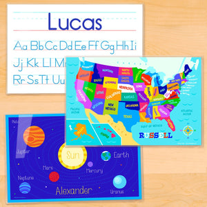 Educational Kids Personalized Placemat Set of THREE 18" x 12" - USA Map Alphabet Solar System