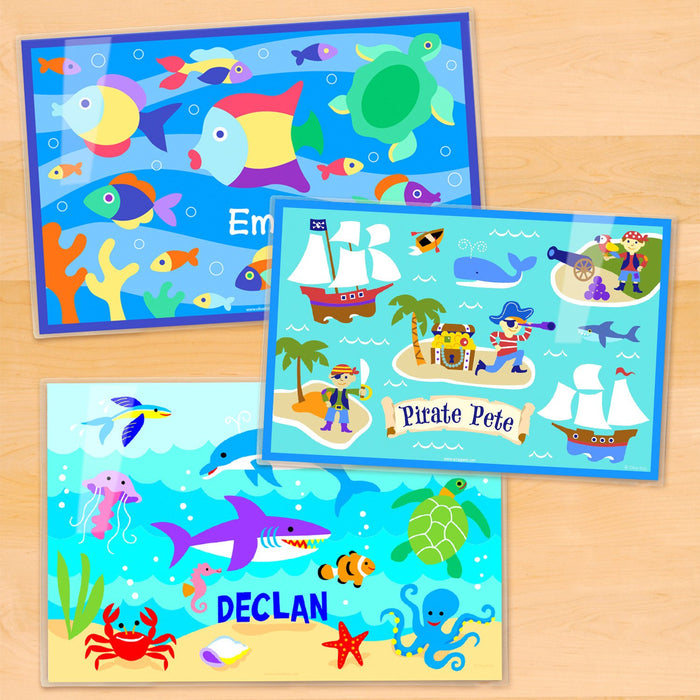 Sea Boy Kids Personalized Placemat Set of THREE 18" x 12" - Ocean Fish Dolphin Shark Pirates