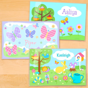 Spring Kids Personalized Placemat Set of THREE 18" x 12" - Birds Bunny Butterflies