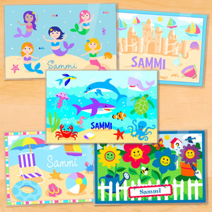 Summertime Girls Kids Personalized Placemat Set of FIVE 18" x 12" - Beach Mermaids Flowers Ocean FIsh