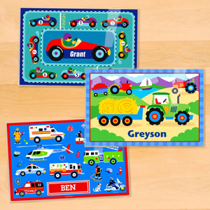 Transportation Boy Kids Personalized Placemat Set of THREE 18" x 12" - Cars Trucks Rescue Police Fire Truck