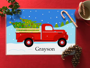 Christmas Vintage Old Red Truck & Christmas Tree Personalized Placemat 18" x 12" with Alphabet