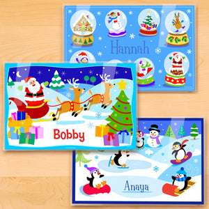 Christmas Kids Personalized Placemat Set of THREE 18" x 12" - Santa Claus Reindeer Penguins