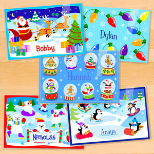 Christmas Kids Personalized Placemat Set of FIVE 18" x 12" - Santa Claus Christmas Lights Penguins Polar Bears