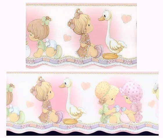 Vintage Rare Precious Moments Pink Little Baby Girl with Goose Friends & Tea Time Pre-Pasted Scalloped Die Cut Wall Wallpaper Border Kids Child