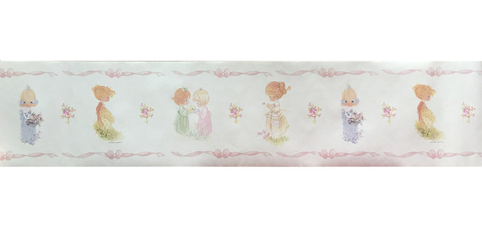 Vintage Precious Moments Girls Pink Ribbons Pre-Pasted Wall Borders 30 ft 2-Roll Set