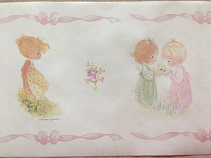 Vintage New Precious Moments Girls Pink Ribbons Pre-Pasted Wall Borders 30 ft 2-Roll Set
