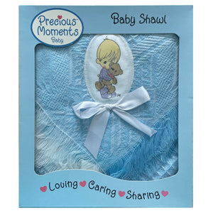 New Vintage Precious Moments Blue Baby Blanket Boy with Bear Applique Baby Shower Boxed Gift Shawl Afghan Crib Throw 2002