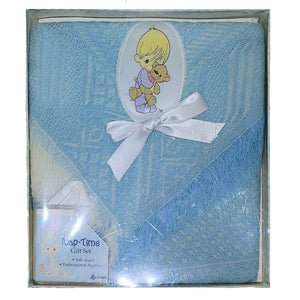 New Vintage Precious Moments Blue Baby Blanket Boy with Bear Applique Baby Shower Boxed Gift Shawl Afghan Crib Throw 2002