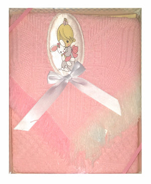 New Vintage Precious Moments Pink Baby Blanket Girl with Bunny Applique Baby Shower Boxed Gift Shawl Afghan Crib Throw 2002