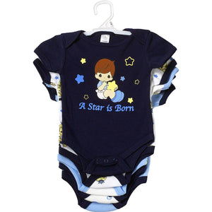 Precious Moments 5pc Blue Baby Boy Onesies One-Piece Creeper Bodysuit 0-3 Month 5-Pack Layette Clothing Gift Set Baby Shower