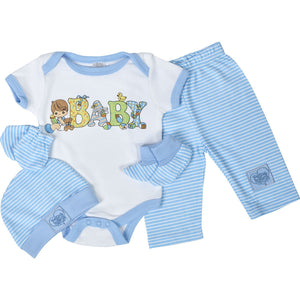 Precious Moments Baby Boy 5pc Blue Layette Clothing Gift Set 0-3 Months - Blue Striped Hat Mittens Booties One-Piece / Onesie & Pants Baby Shower