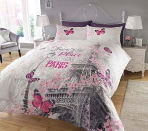 Romantic Eiffel Tower Paris Bedding Full Duvet Cover Set Pink Flowers & Butterflies