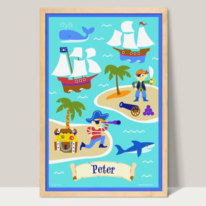 Pirates & Pirate Ships Personalized Kids Wall Art Print 12" x 18"