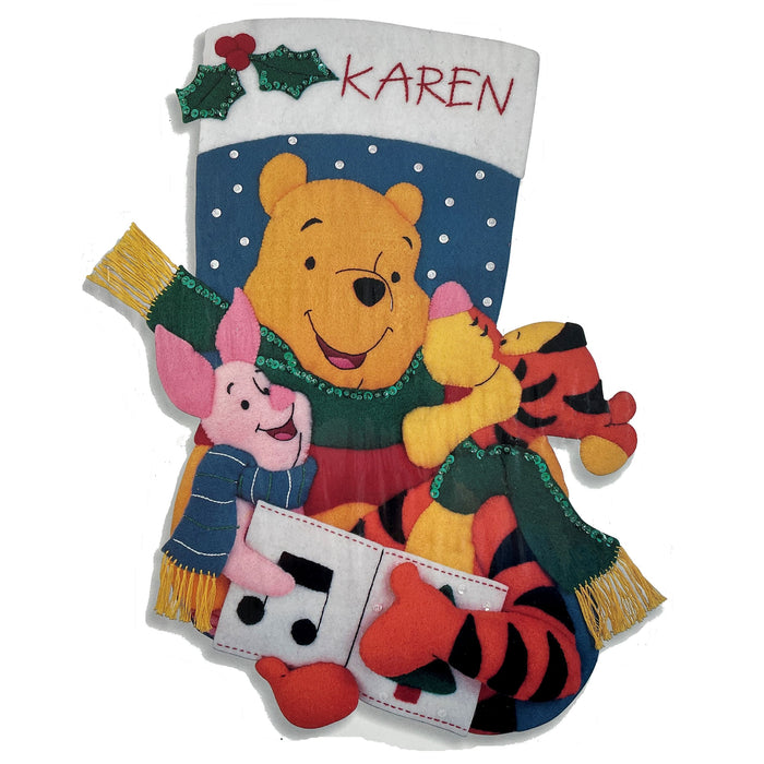 Disney Winnie The Pooh Piglet Tigger Caroling Friends 18" Christmas Felt Stocking Kit with Sequins, Beads, Embroidery Vintage Rare Personalized DIY Craft