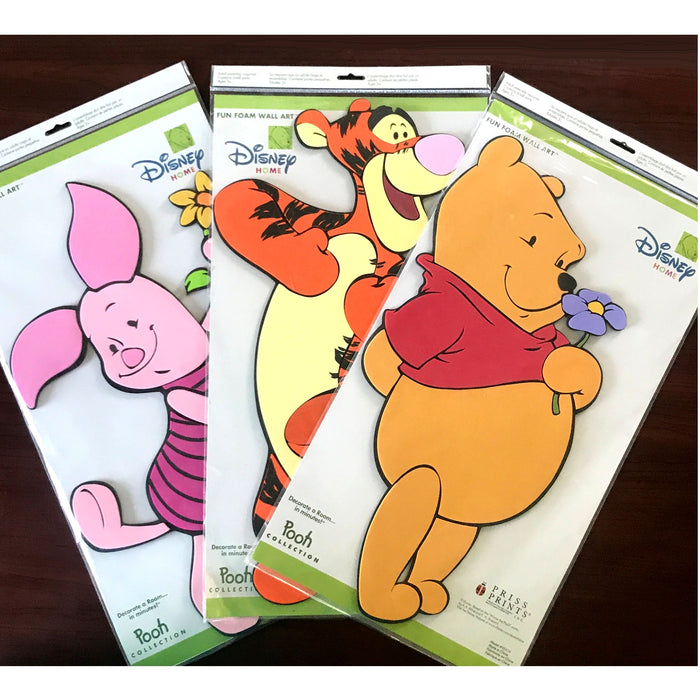 Vintage  Large 20" 3-Piece Foam Wall Art Disney Winnie The Pooh Friends & Flowers Jumbo Wall Decals Mural 20" x 11" Pooh Piglet Tigger by Priss Prints Peel & Stick Early 2000s