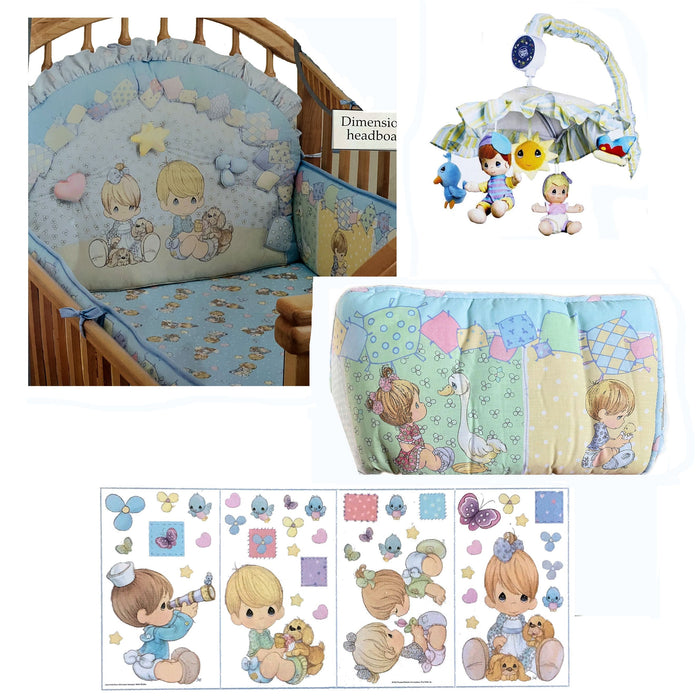 NEW Vintage 4 PC Precious Moments PATCHWORK Baby Crib Unisex Bedding Set Boys & Girls Nursery Collection with Wall Decals & Musical Mobile 2004 Rare